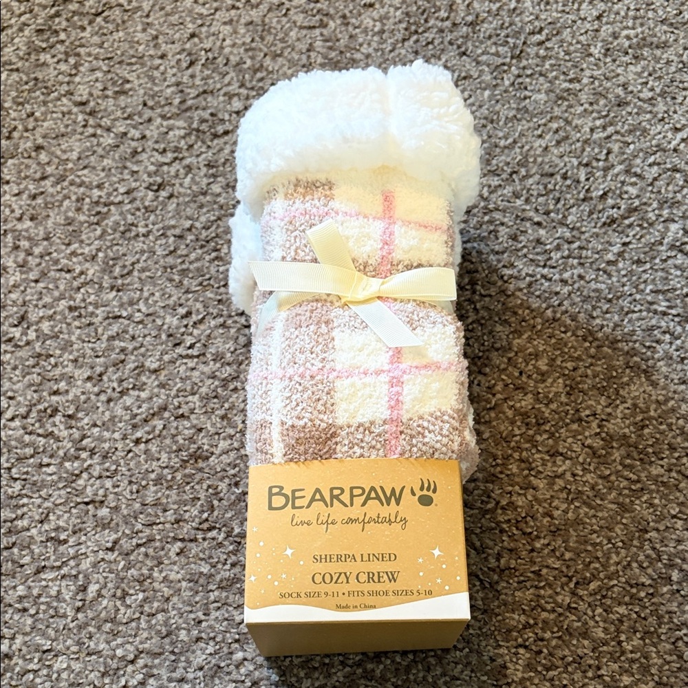BearPaw Sherpa-Lined Cozy Crew Socks in Pink & Cream Plaid